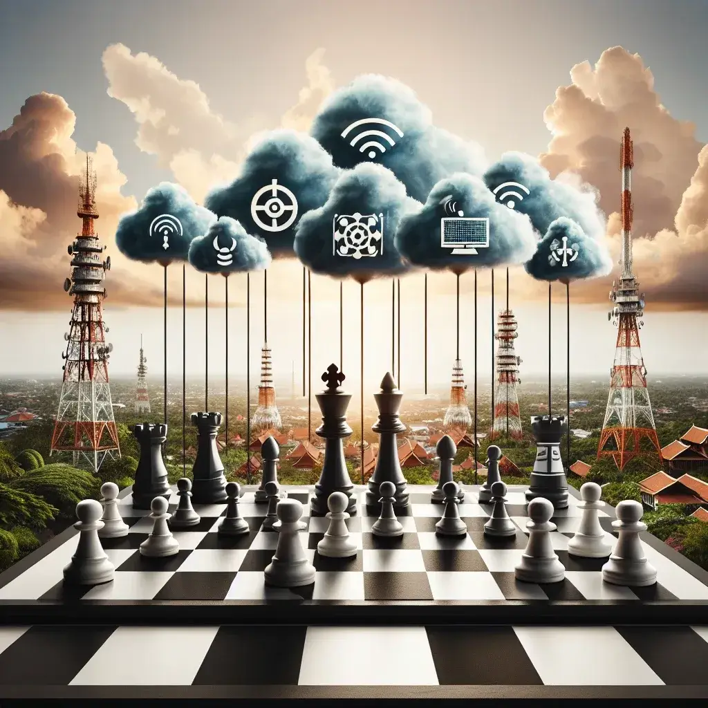 "Strategi Operator Telekomunikasi dalam Menghadapi Layanan Over-the-Top di Indonesia" - Gambar yang menunjukkan perbandingan antara operator telekomunikasi tradisional dan layanan OTT, dengan grafik yang mencerminkan tren penggunaan dan strategi bisnis di Indonesia.