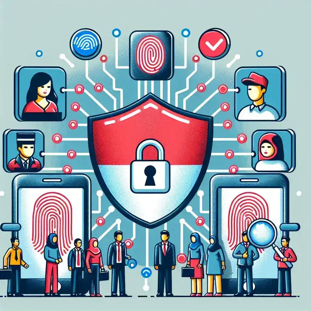 "Ilustrasi tentang regulasi baru Indonesia untuk perlindungan data biometrik, menampilkan simbol keamanan digital dan data pribadi."