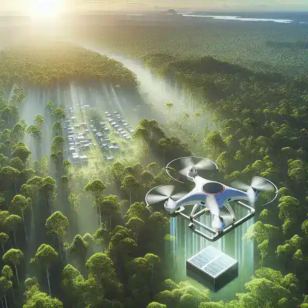 "Drone otonom terbang di atas hutan Indonesia, mengawasi dan memantau kondisi lingkungan untuk pelestarian sumber daya alam."