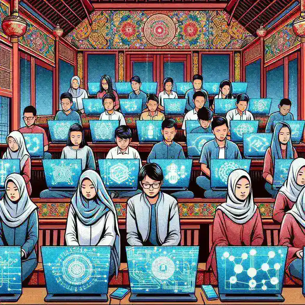 "Ilustrasi kursus e-learning AI dalam Bahasa Indonesia yang ditawarkan oleh startup lokal, menampilkan siswa belajar online di laptop dengan latar belakang teknologi modern."